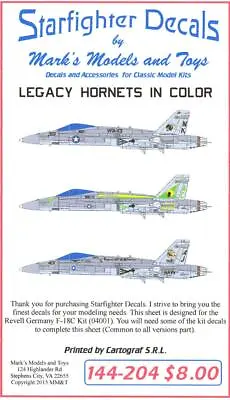 Starfighter Decals 1/144 LEGACY HORNETS IN COLOR F/A-18C HORNET Jet Fighter • $7.75