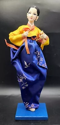 Vintage Asian Japan Doll Figurine Cloth Kabuki Kimono Silk Dress Painted 12ins • $18