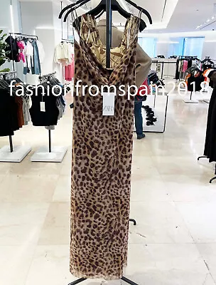 Zara New Woman Long Strappy Animal Print Tulle Dress Cowl-neck Leopard 5039/474 • £48.74