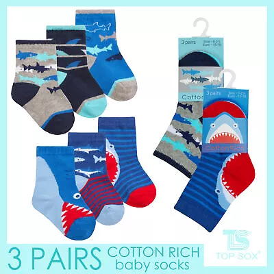 TOPSOX 3 Pairs Baby Boys Cotton Rich Socks Sharks Fish Design 0-0 0-2.5 3-5.5 UK • £2.29
