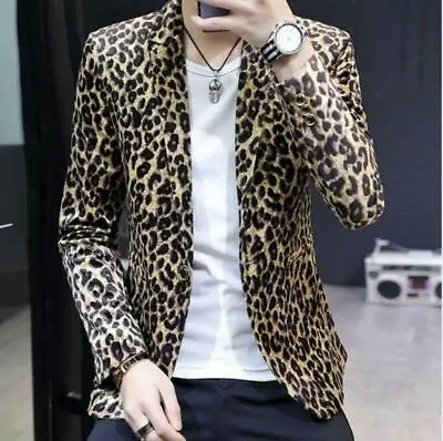 Men's Korean Leopard Print Blazers Jackets One Button Slim Fit Nightclub Coats • $15.11