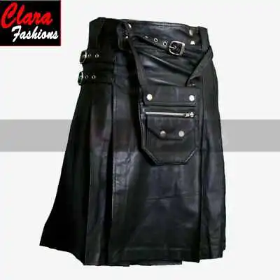 Mens Black Real Leather Kilt Scottish Pleated Style Kilt For Utility LARP LGBTQ • £51.99