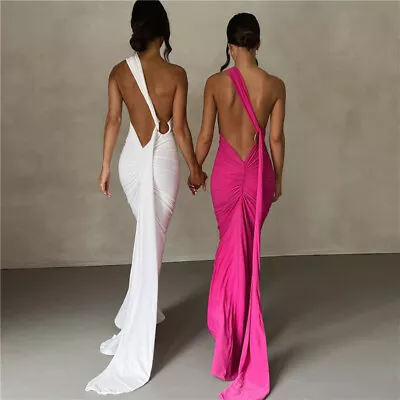 Women Party Maxi Prom Bodycon Dresses Evening Long Ruched Backless Dress SIZE Uk • £11.99