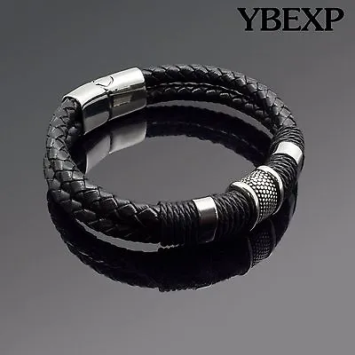 Men's Stainless Steel Leather Bracelet Magnetic Silver Clasp Bangle Black • $9.99