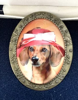 Lovely DACHSHUND DOG  WITH RED HAT VTG Effect Cameo Brooch - BN • £11.99