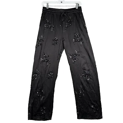 ZARA Sequin Floral Embroidery Floral Black High Waisted Straight Trousers XS • $48.60