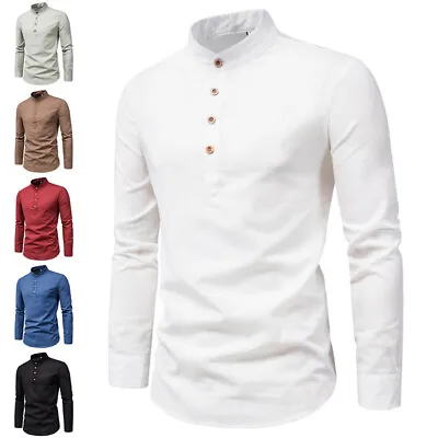 Mens Long Sleeve Stand-up Collar T Shirt Casual Solid Button Slim Fit Tops Tunic • $15.81