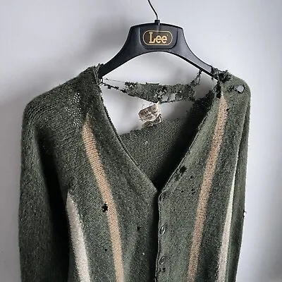 Vintage 60s SEARS Sz Medium Distress Mohair Wool Stripe Cardigan Sweater Cobain • $110.99