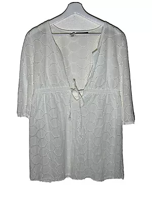 La Blanca By Rod Beattie Womens Swim Cover S White Eyelet 3/4 Sleeves Cotton Tie • $9.90