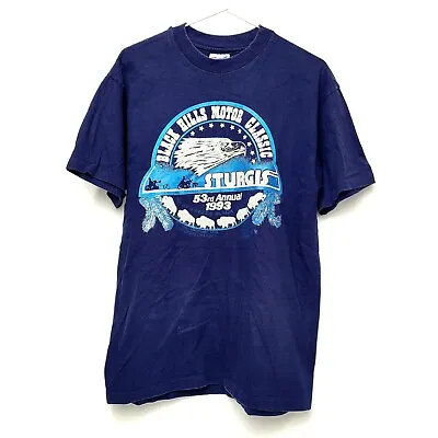 Vintage 1993 Sturgis T-Shirt Black Hills Motor Classic Blue Medium Hanes Beefy-T • $27