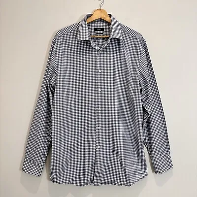 Hugo Boss Shirt Men Size 17 Blue Button Up Check Sharp Fit Business Casual • $17.98