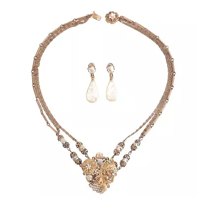 SI939 Vintage Miriam Haskell Pearl Floral Paperclip Chain Necklace Earring Set • $149.95