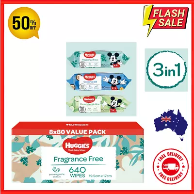 Huggies Thick Baby Wipes Fragrance Free 640 Pack (8 X 80 Pack) • $33.75