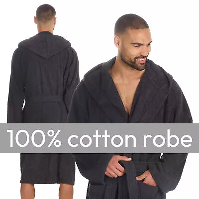 Mens 100% Cotton Terry Hooded Dressing Gown Bathrobe Knee Length Robe M-L XL-XXL • £18.99
