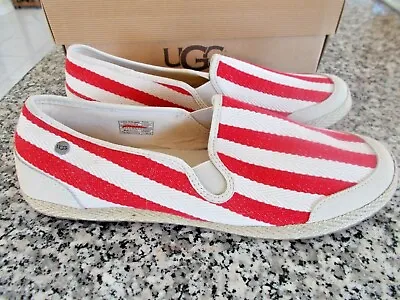 New Ugg Women's Delizah~espadrille Size Us 11~red/white Stripe Flats 1004292 • $45