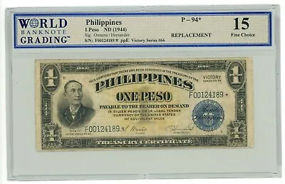 $88.20 • Buy Philippines ... P-94* ... 1 Peso .. (1944)  Ch *F+* Victory Series Replacement💥