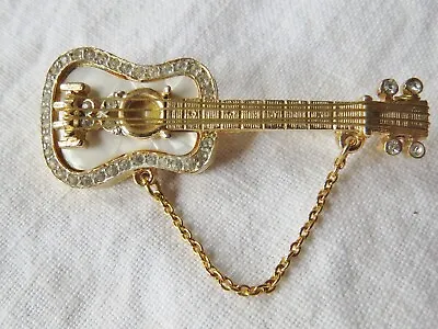 R. Mandle Guitar Brooch Pin MOP/Mother Of Pearl Gold Tone Rhinestones Or Crystal • $89.95