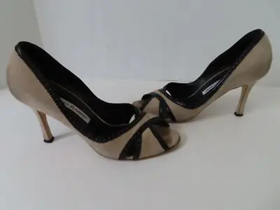 Manolo Blahnik Sand Suede/Black Leather Peep Toe Pumps/Shoes EUR 36/US 6 • $49