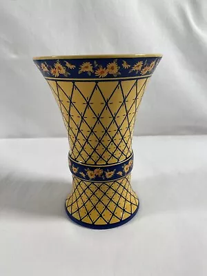 VINTAGE FTD COBALT BLUE & GOLD VASE W/BANDS Of FLOWERS & DIAMOND DESIGNS • $12.56