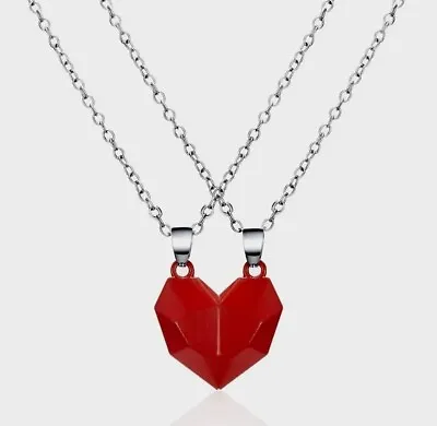 2 Parts Couples Magnetic Attraction Red Heart Necklaces Gothic Valentine's Gift • £6.99