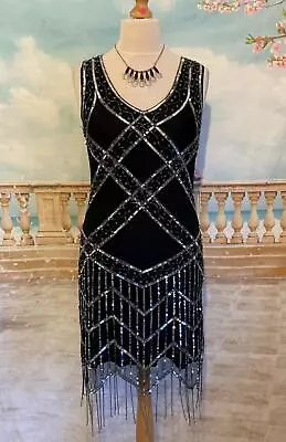 Dress 14 Black Silver Fringe Bead Sequin Flapper Gatsby Peaky Blinders 1920 • £19.99