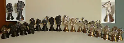 ANTIQUE VINTAGE METAL FIGURAL CHESS SET BELLS BRONZE Vs SILVER 32 Pc TURKEY RARE • $635