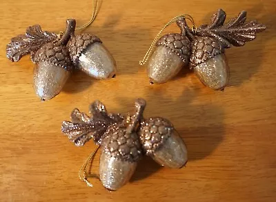 3 Sparkle Glitter Amber Acorn Cluster Ornaments Set Lodge Cabin Christmas Decor • $14.95