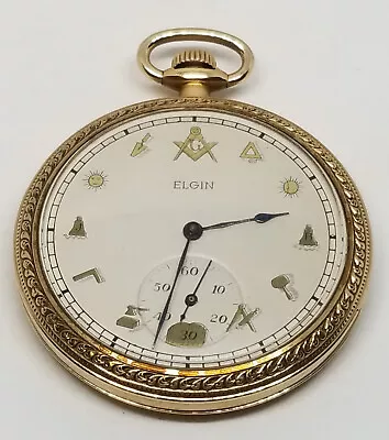 FAPW270 1917 G.F. Elgin Pocket Watch Masonic Dial Gr 315 Sz 12s 15 J Works. • $247.99