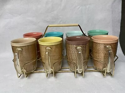 Set Of 8 Vintage Raffia Burlap Insulated Melmac Handled Mugs Cups W/ Carrier MCM • $45.99