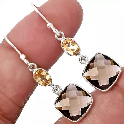 Smoky Quartz Briolette Checker & Citrine 925 Silver Earrings Jewelry E-1006 • $9.49