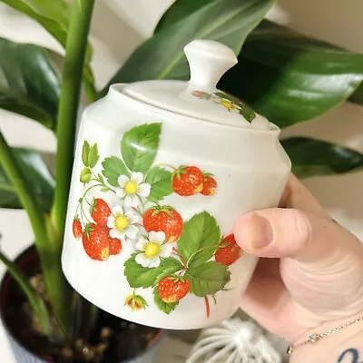 Vintage Porcelain Strawberry Pattern Sugar Jar With Lid • $15