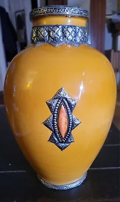 Vintage Morrocan Hand Crafted Golden Saffron Safi Vase W White Brass Overlay 14  • $59