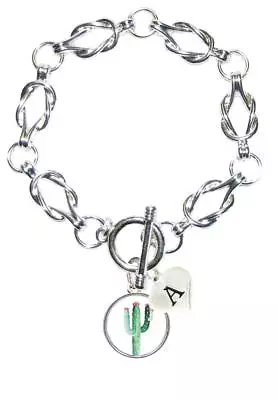 Custom Cactus Charm Silver Link Bracelet Jewelry Choose Initial All 26 Avail • $22.49