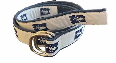 Leather Man Mens Belt Ribbon Logo Whale Beach White Blue D Ring Small NEW • $19.99