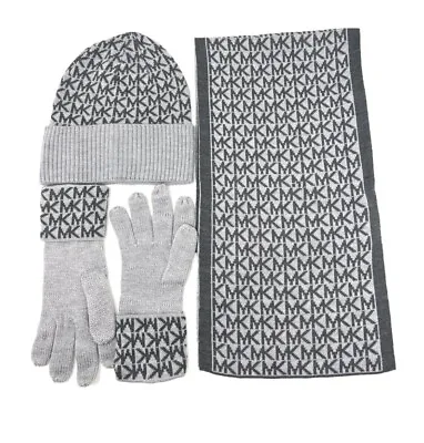 SET MICHAEL KORS Knit 3-Piece Gold Box Scarf  Hat & Gloves MK LOGO Gray $148 • $48.78