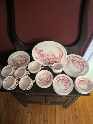 Vintage Johnson Bros Windsorware Pink Apple Blossom 44 Piece Dinnerware Set • $159