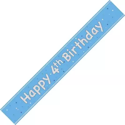 AGE 4 BLUE HOLOGRAPHIC BANNER - BOYS 4th Fourth  BIRTHDAY PARTY - FAST DISPATCH • £2.29