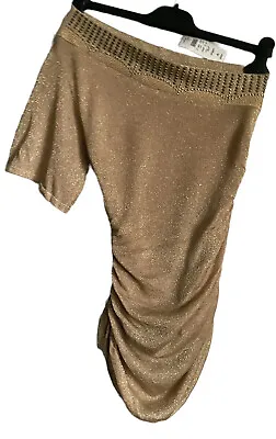 $34 • Buy Cache One Shoulder Top XS Studded Gathered Asymmetric Stretch Sparkle Knit Gold