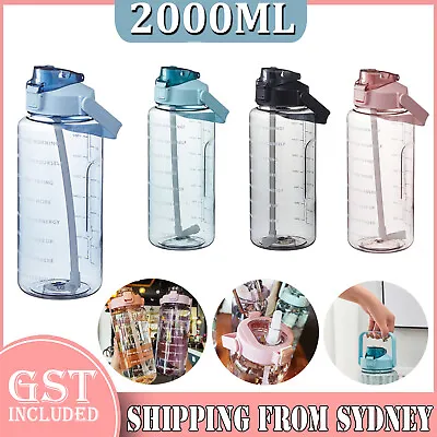 $15.39 • Buy 2L Water Bottle Straw Cup Motivational Drink Flask With Time Markings Sports Gym