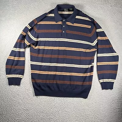 Jos A Bank Polo Shirt Mens XL Navy Blue Long Sleeve Striped 100 Merino Wool • $19.95