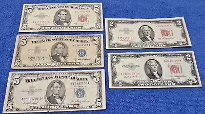 $5 And $2 Silver Certificates & Star Note Red Seals Including A $5 Silver (B6) • $42.95