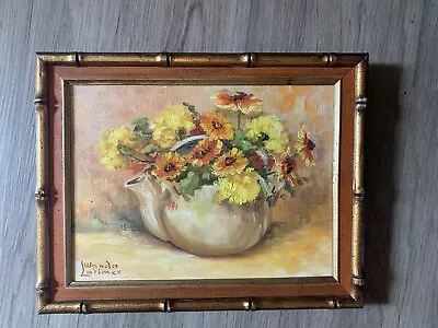 Vtg Floral Oil Painting On Wood In Bamboo Style Frame~Signed Some Texture • $31.99