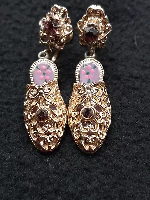 Vintage Slipper Shoe Gold Tone Filigree Amethyst Screw Back Earrings • $9.99