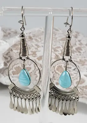 Vintage Earrings Silve Tone Blue Stone Dandge Wire Drop Pierced GORGEOUS • $13.99