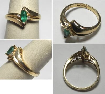 $200 • Buy V200 Estate Solid 14K Yellow Gold Emerald And Diamond Bypass Ring, Sz 6.5