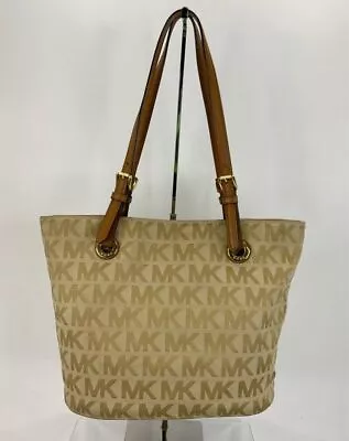 MICHAEL Michael Kors Light Brown Logo Jacquard & Leather Snap Tote Shoulder Bag • $14.99