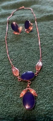 Vintage Rose Gold Van Dell Lapis Lazuli 12KT GF Necklace & Earring Set 15.5  • $74.99