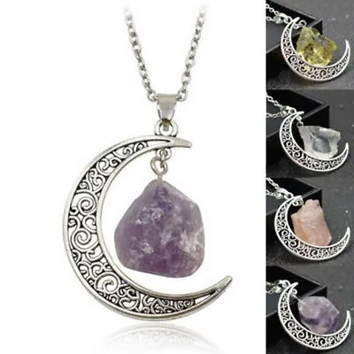 $7.99 • Buy Natural Quartz Crystal Pendant Chakra Healing Gemstone Moon Necklace Jewelry