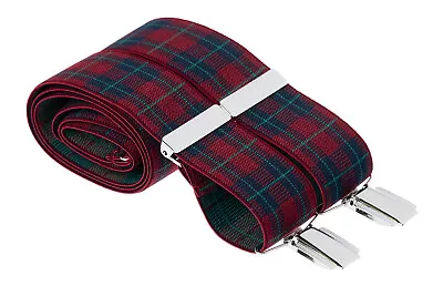 Burgundy Tartan Plaid Suit Trouser Braces Mens 4 Strong Clips 35mm Wide Elastic • £26.95