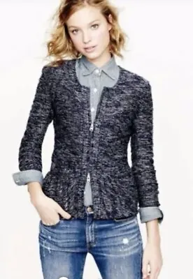 J Crew Blue White Tweed Front Zip Cardigan Jacket W/ruffle Hem Size M • $12.50